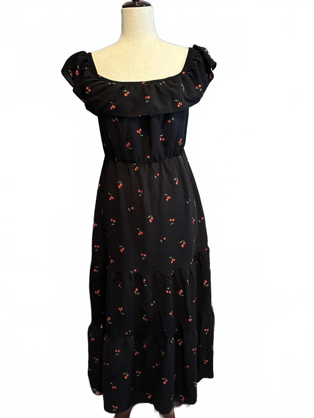 Soprano Black Dress with Cherry Print and Ruffled Neckline